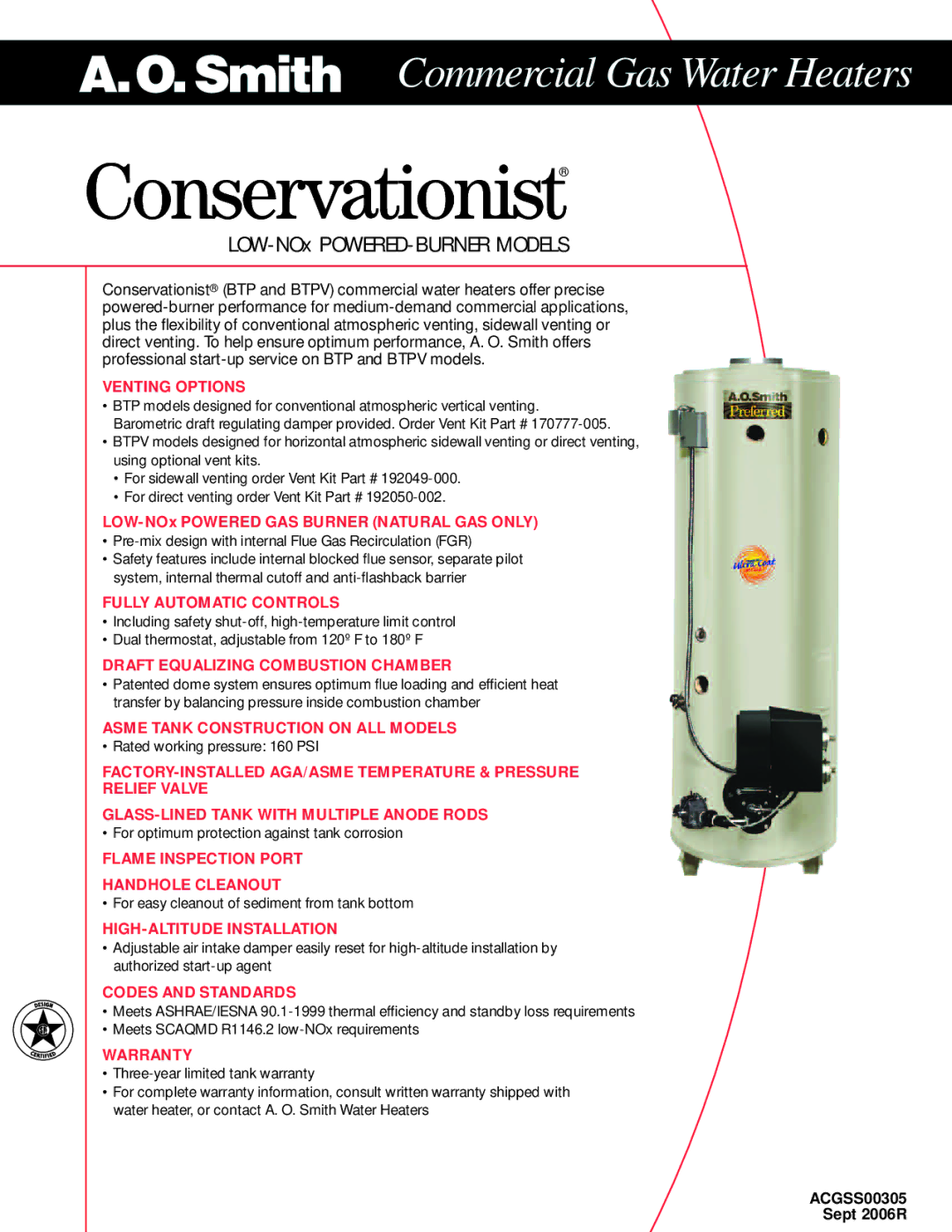 A.O. Smith ACGSS00305 warranty Venting Options, Fully Automatic Controls, Draft Equalizing Combustion Chamber, Warranty 