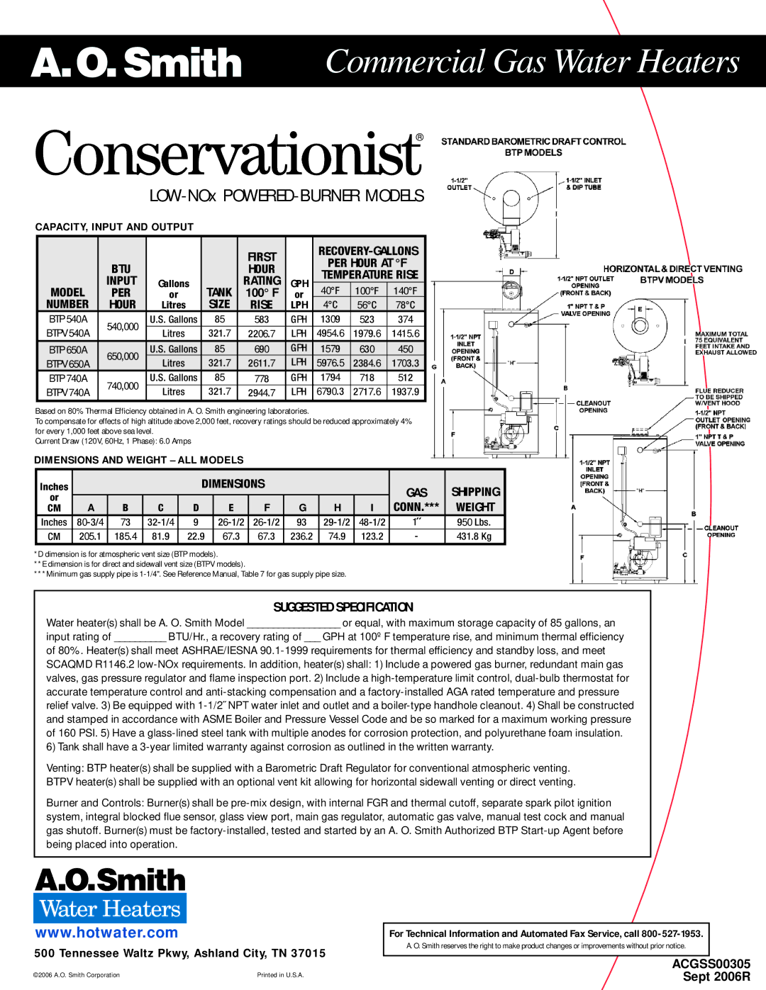 A.O. Smith ACGSS00305 warranty Model, Number, Dimensions GAS, Suggested Specification 