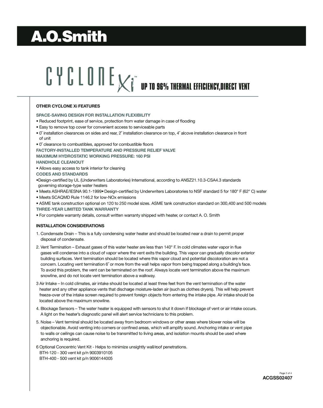A.O. Smith ACGSS02407, BTH-120 through BTH-500 manual SPACE-SAVING Design for Installation Flexibility, Codes and Standards 