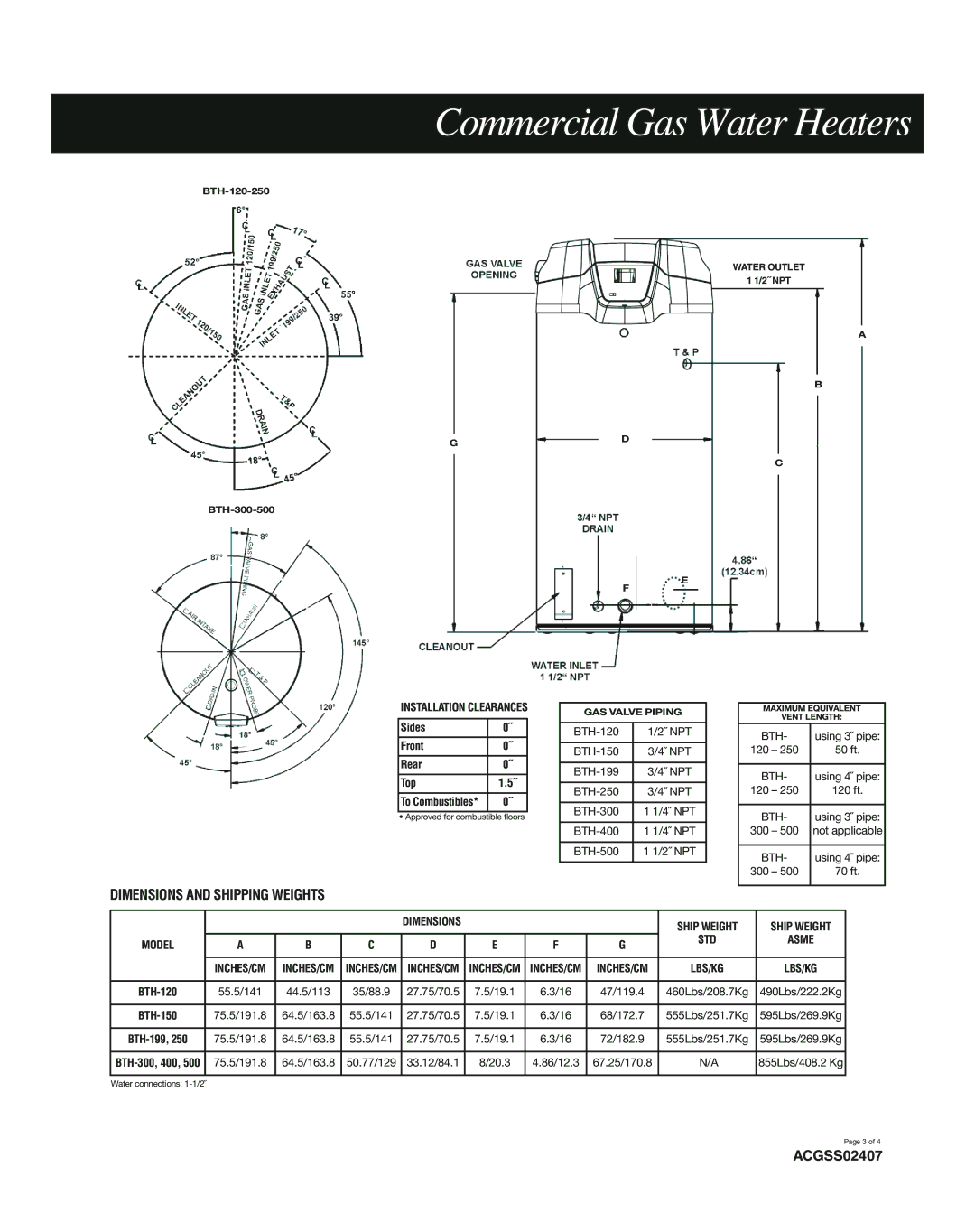 A.O. Smith BTH-120 through BTH-500, ACGSS02407 manual Dimensions and Shipping Weights, Sides Front Rear Top 