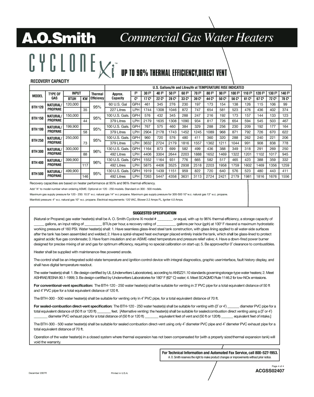 A.O. Smith ACGSS02407 Recovery Capacity, 30 Fº 40 Fº 50 Fº 60 Fº 70 Fº 80 Fº 90 Fº, 22 Cº 28 Cº 33 Cº 39 Cº 44 Cº 50 Cº 
