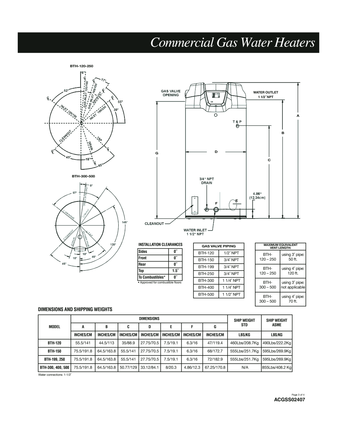 A.O. Smith BTH-120 through BTH-500 Dimensions And Shipping Weights, ACGSS02407, Sides, Front, Rear, Ship Weight, Asme 
