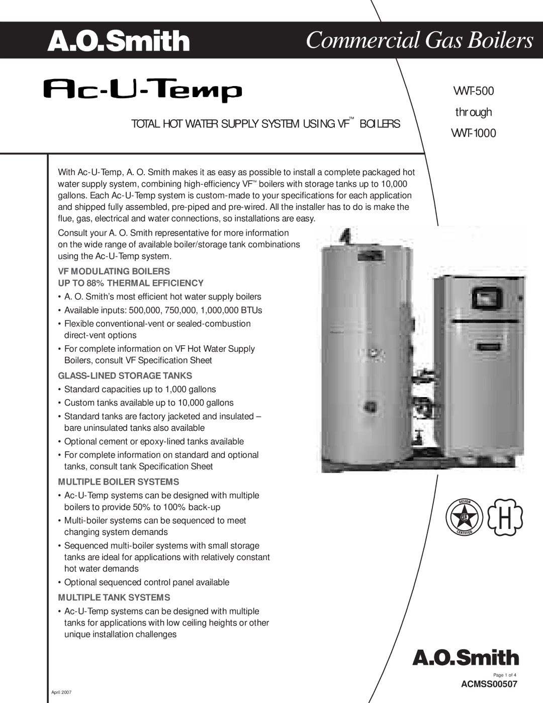 A.O. Smith ACMSS00507 specifications VF Modulating Boilers UP to 88% Thermal Efficiency, GLASS-LINED Storage Tanks 