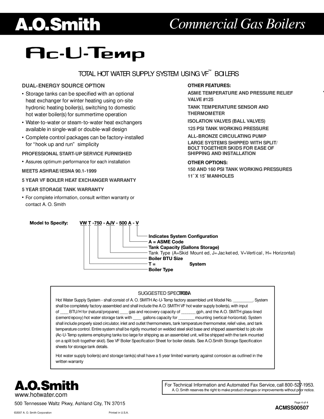 A.O. Smith ACMSS00507 specifications DUAL-ENERGY Source Option, Professional START-UP Service Furnished 