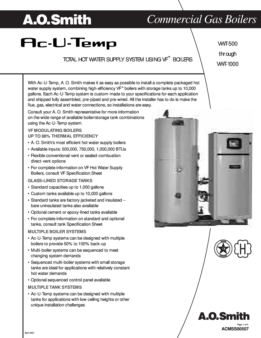 A.O. Smith ACMSS00507 specifications Commercial Gas Boilers, VF MODULATING BOILERS UP TO 88% THERMAL EFFICIENCY, through 