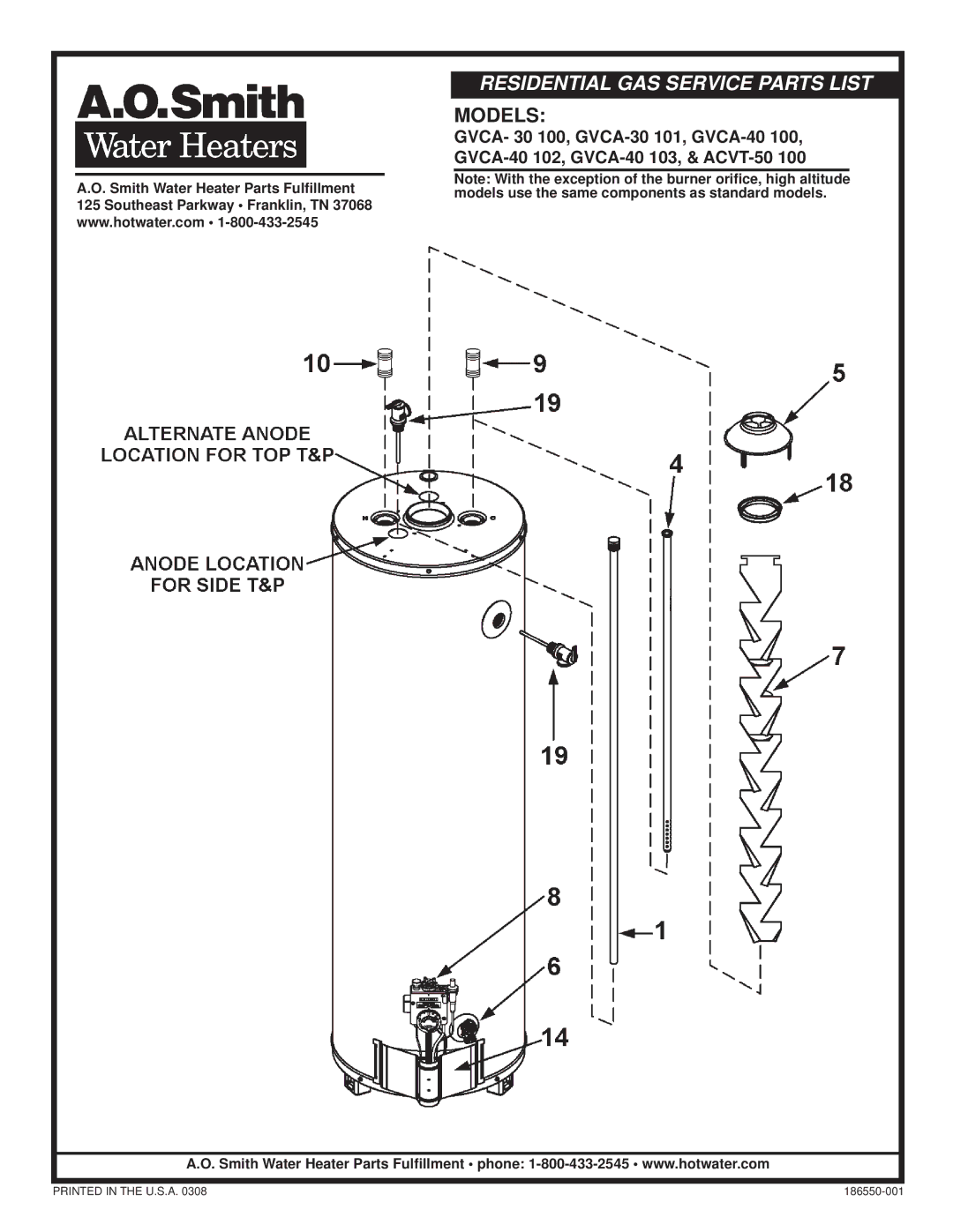 A.O. Smith GVCA-40 103, ACVT-50 100, GVCA- 30 100, GVCA-40 102, GVCA-40 100 manual Residential GAS Service Parts List, Models 