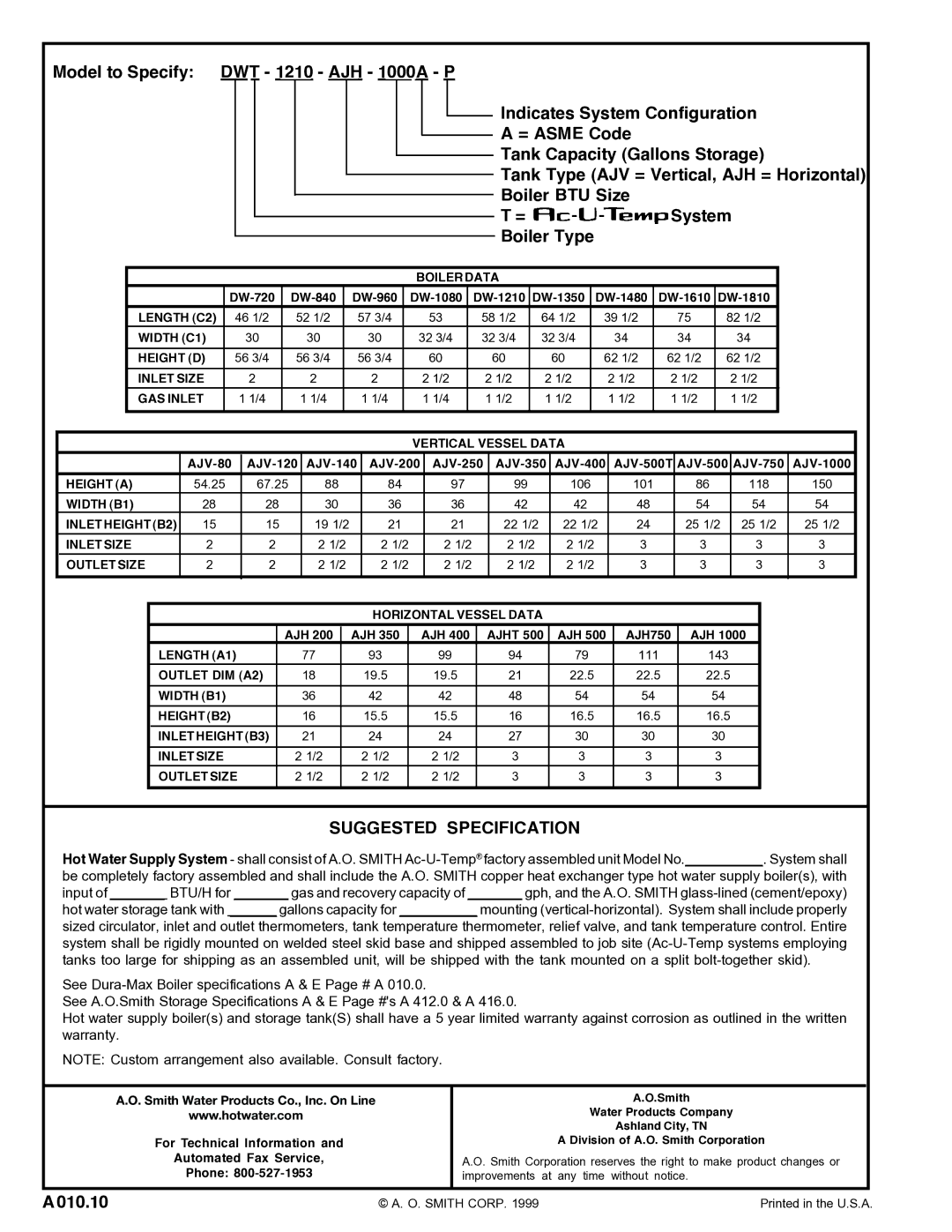 A.O. Smith AJH - 1000A - P, DWT - 1210 warranty Suggested Specification 