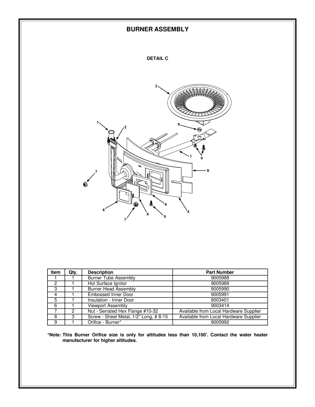 A.O. Smith AOS GPHE-50 manual Burner Assembly, Detail C 