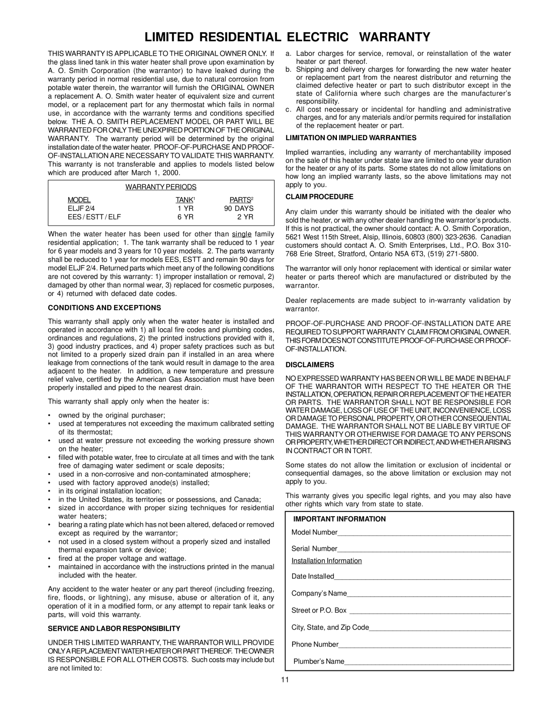 A.O. Smith AOSRE50100 owner manual Limited Residential Electric Warranty, EES / Estt / ELF 