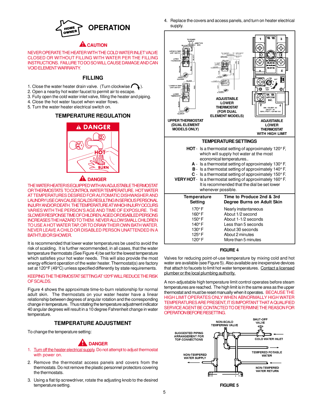 A.O. Smith AOSRE50100 owner manual Operation, Filling, Temperature Regulation, Temperature Adjustment 