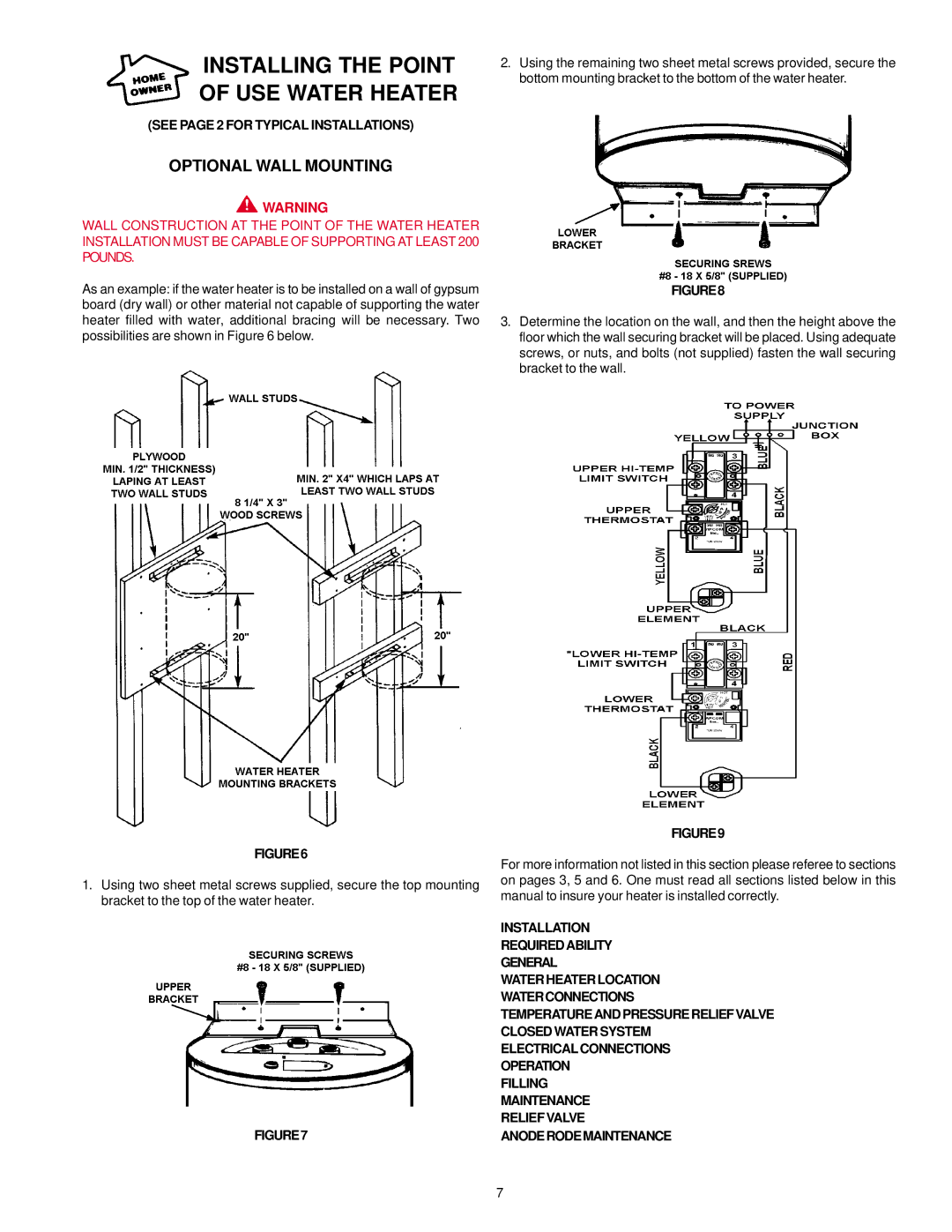 A.O. Smith AOSRE50100 owner manual Installing the Point USE Water Heater, Optional Wall Mounting 