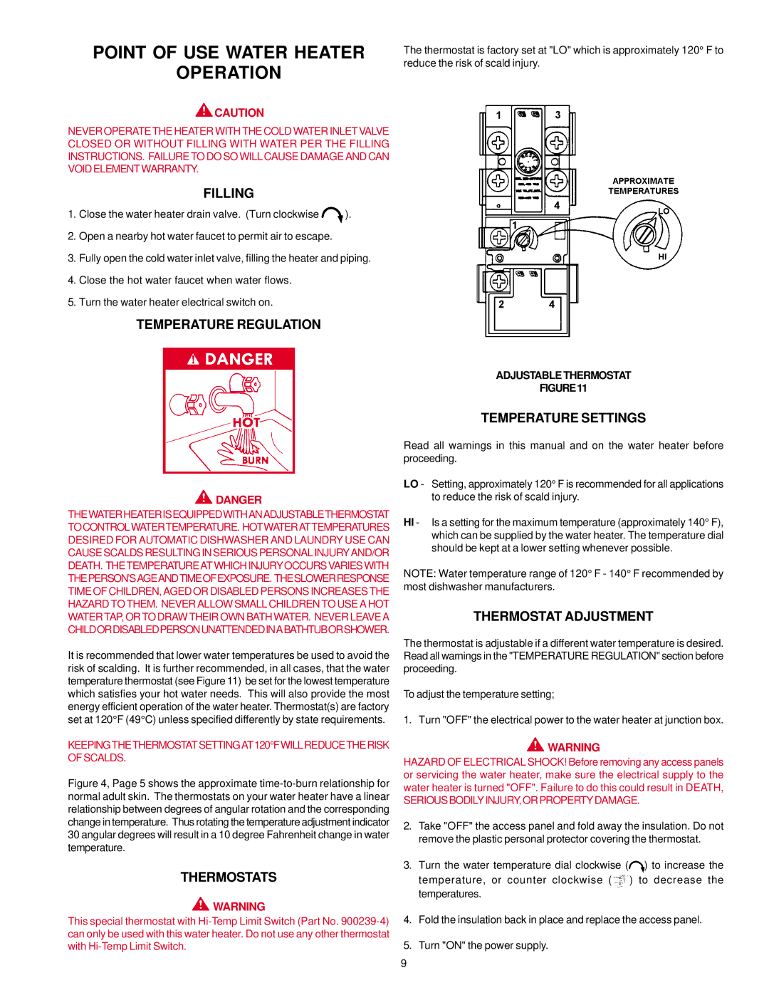 A.O. Smith AOSRE50100 Point of USE Water Heater Operation, Thermostats, Temperature Settings, Thermostat Adjustment 