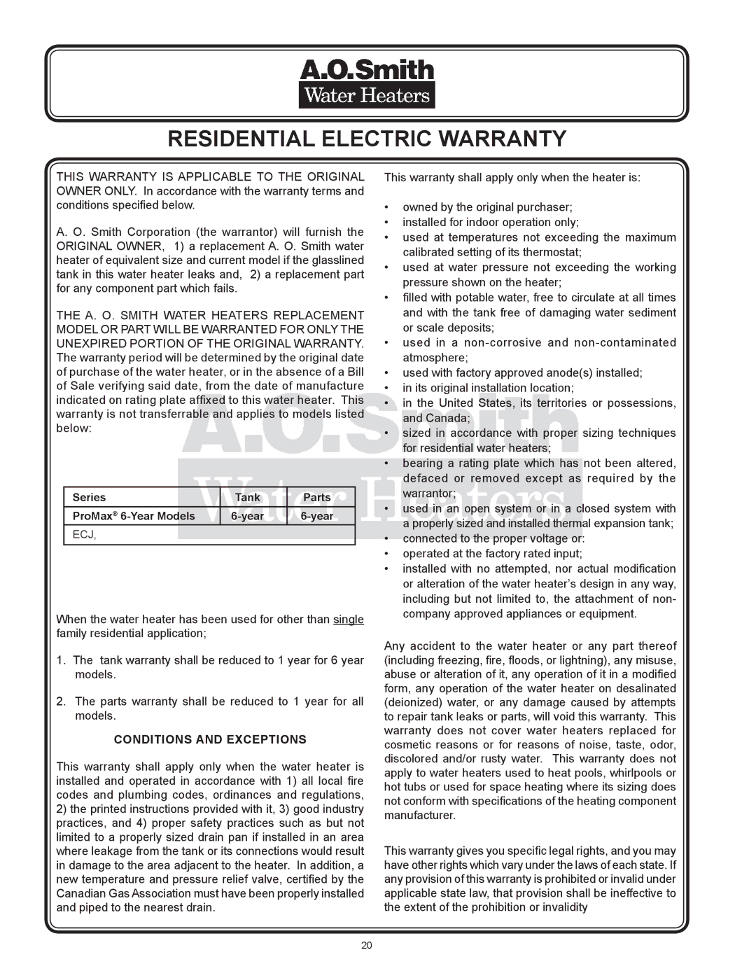 A.O. Smith AOSRE50400 warranty Residential Electric Warranty, Conditions and Exceptions 