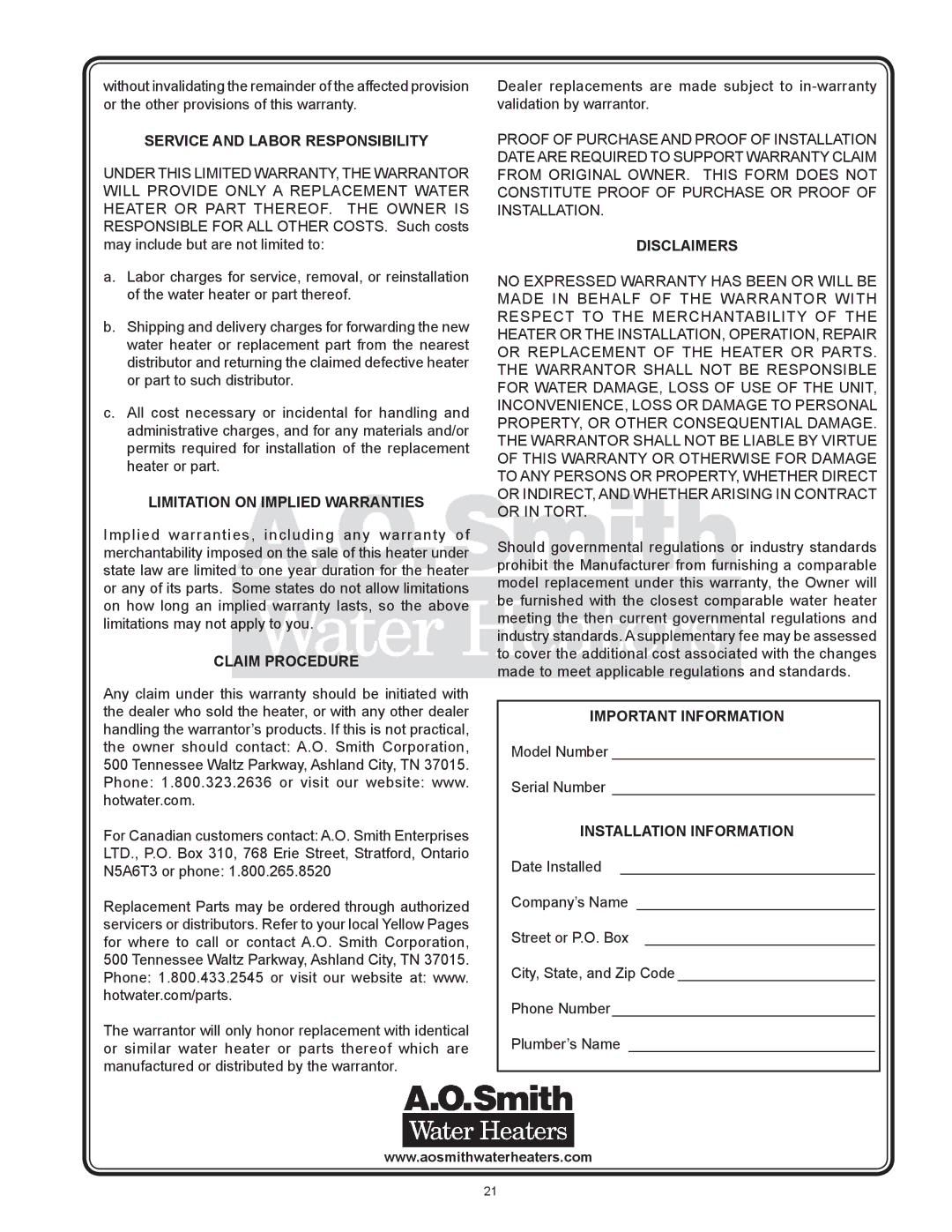 A.O. Smith AOSRE50400 Service and Labor Responsibility, Limitation on Implied Warranties, Claim Procedure, Disclaimers 