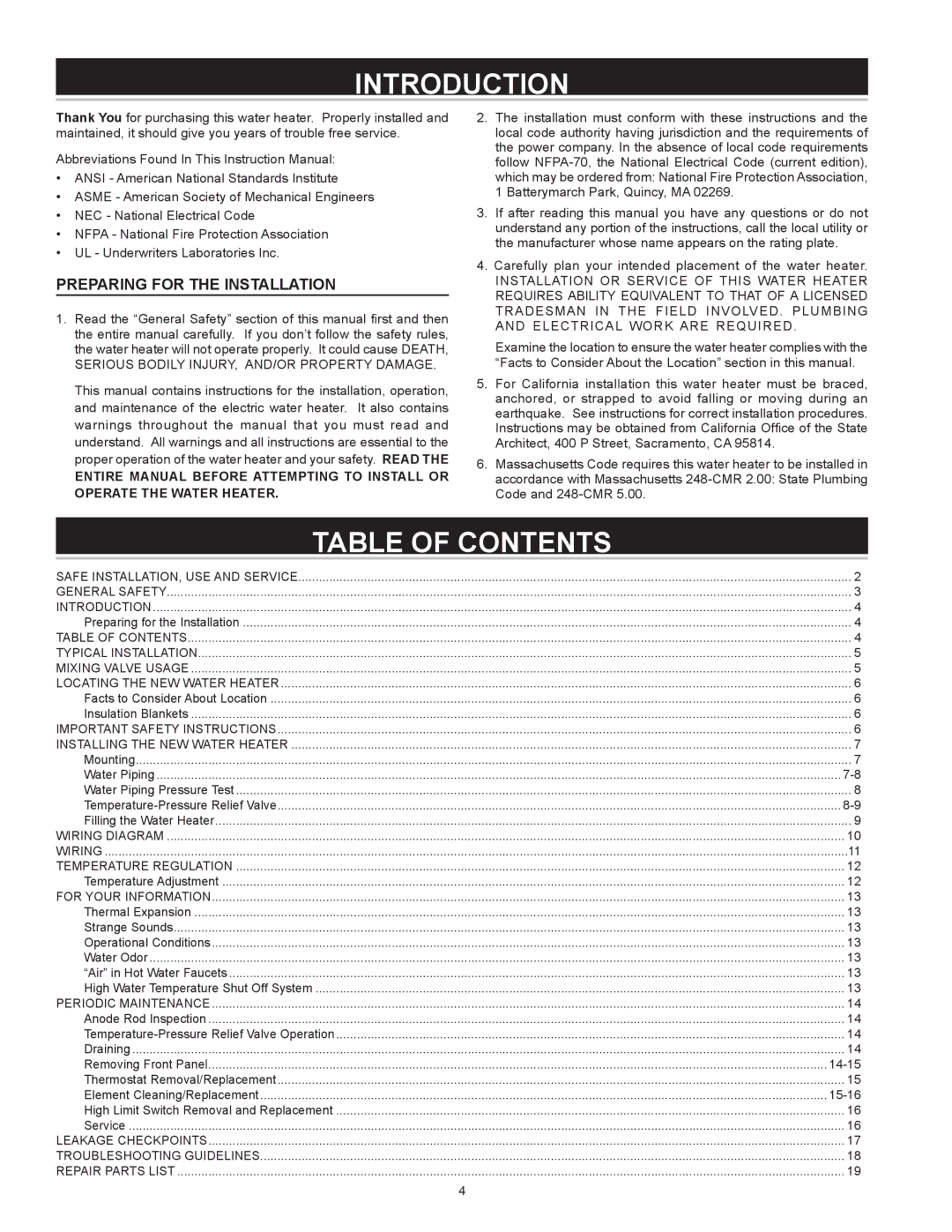 A.O. Smith AOSRE50400 warranty Introduction, Table of Contents 