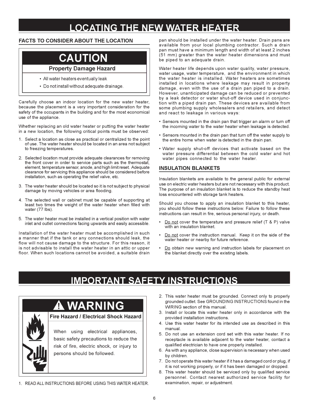 A.O. Smith AOSRE50400 warranty Locating the NEW Water Heater, Facts to Consider About the Location, Insulation Blankets 