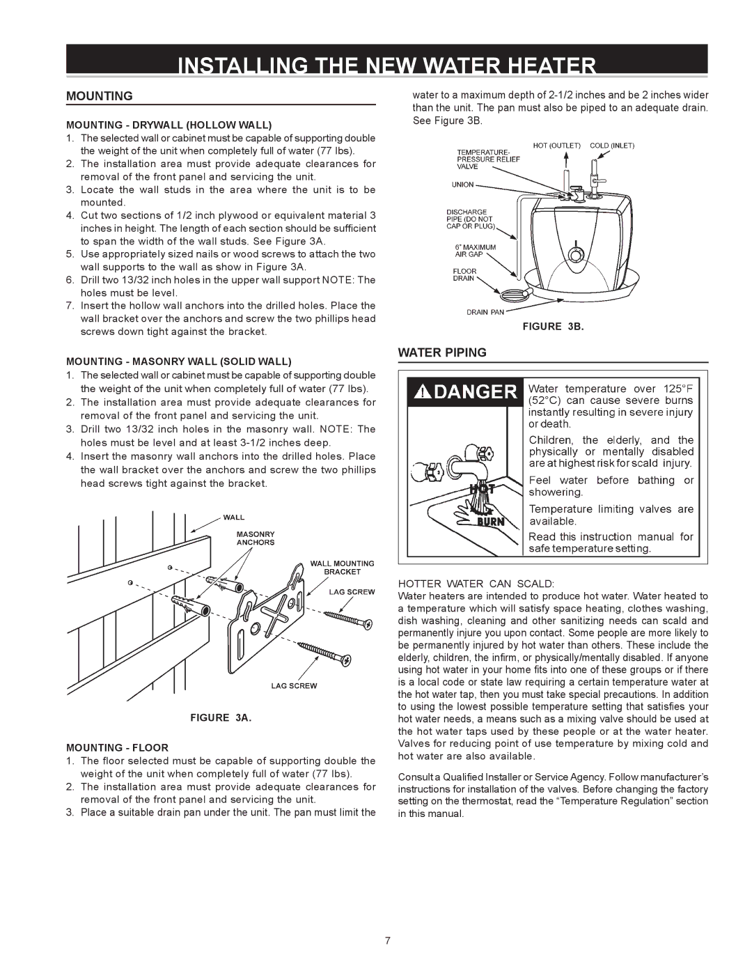 A.O. Smith AOSRE50400 warranty Installing the NEW Water Heater, Mounting, Water Piping 