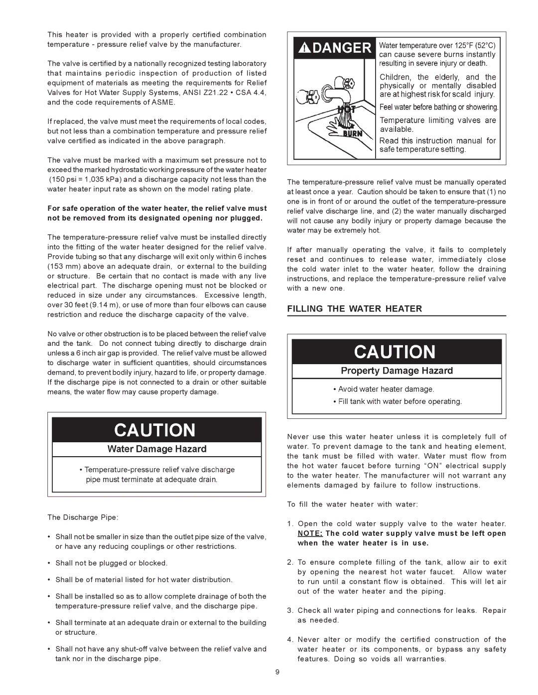 A.O. Smith AOSRE50400 warranty Filling the Water Heater 