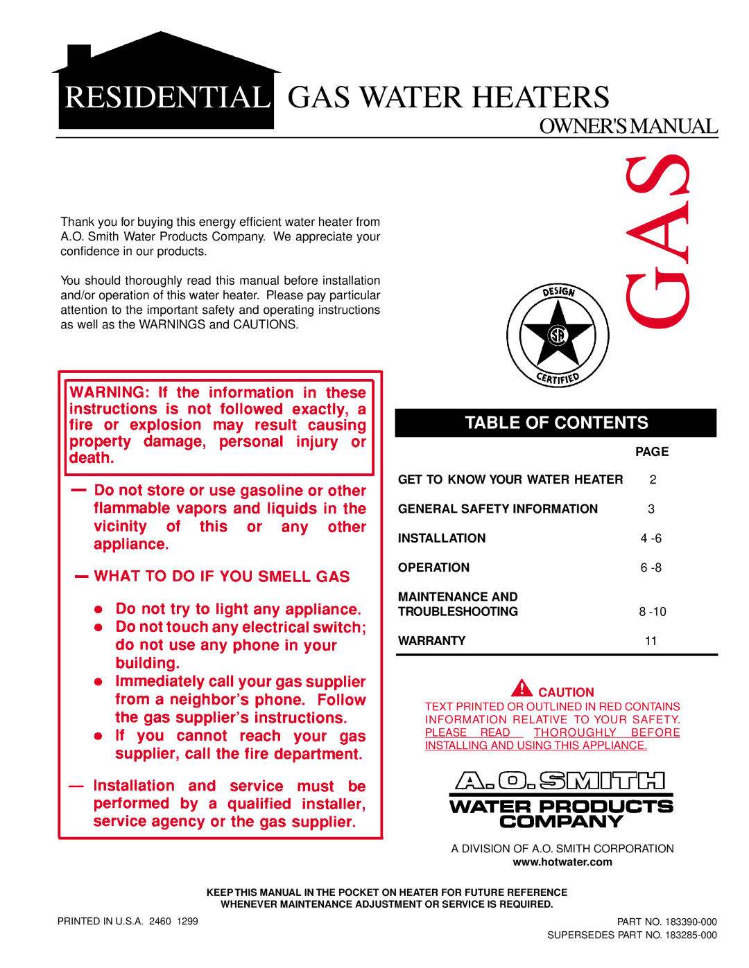 A.O. Smith AOSRG45200 owner manual Gas 