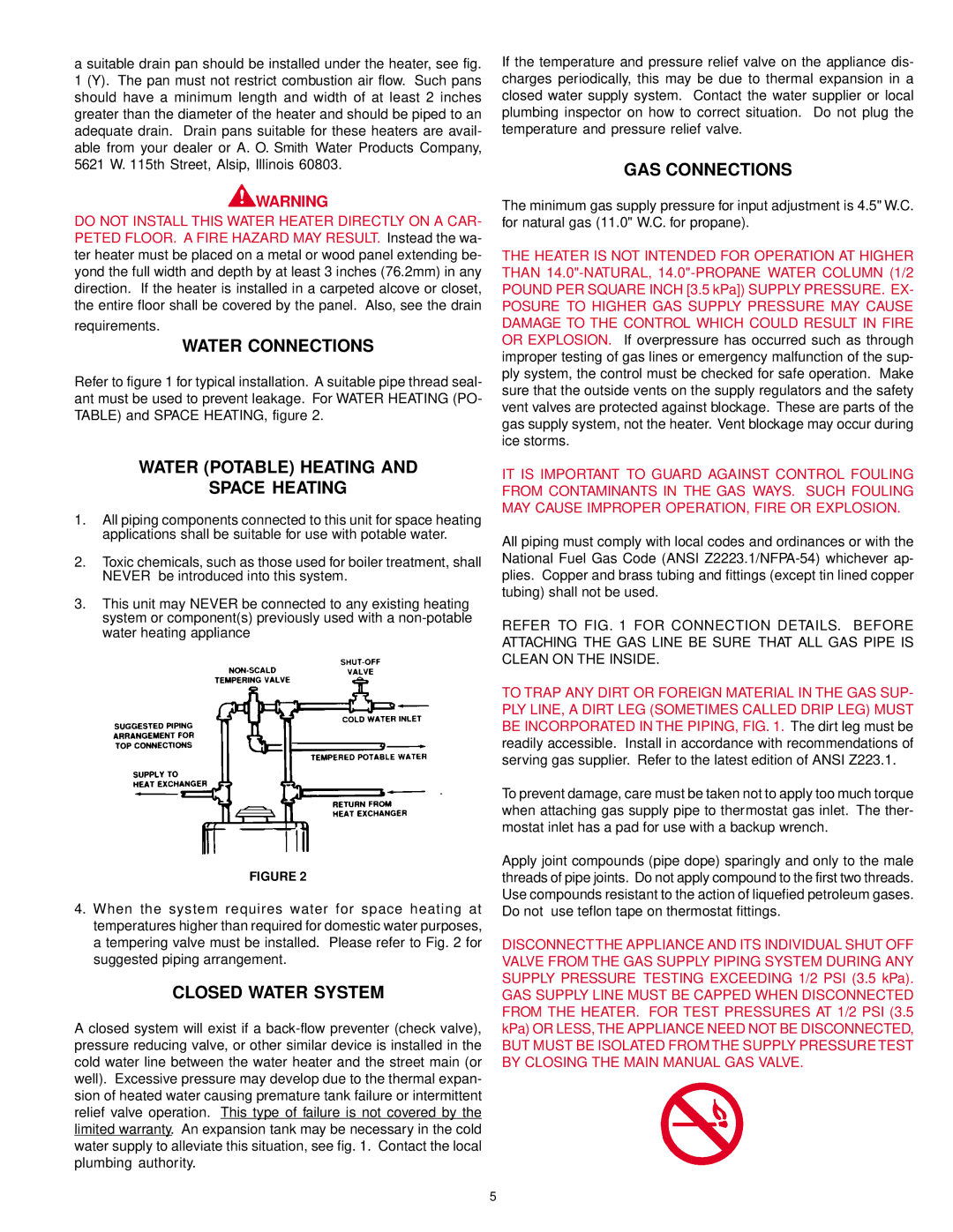 A.O. Smith AOSRG45200 Water Connections, Water Potable Heating Space Heating, Closed Water System, GAS Connections 