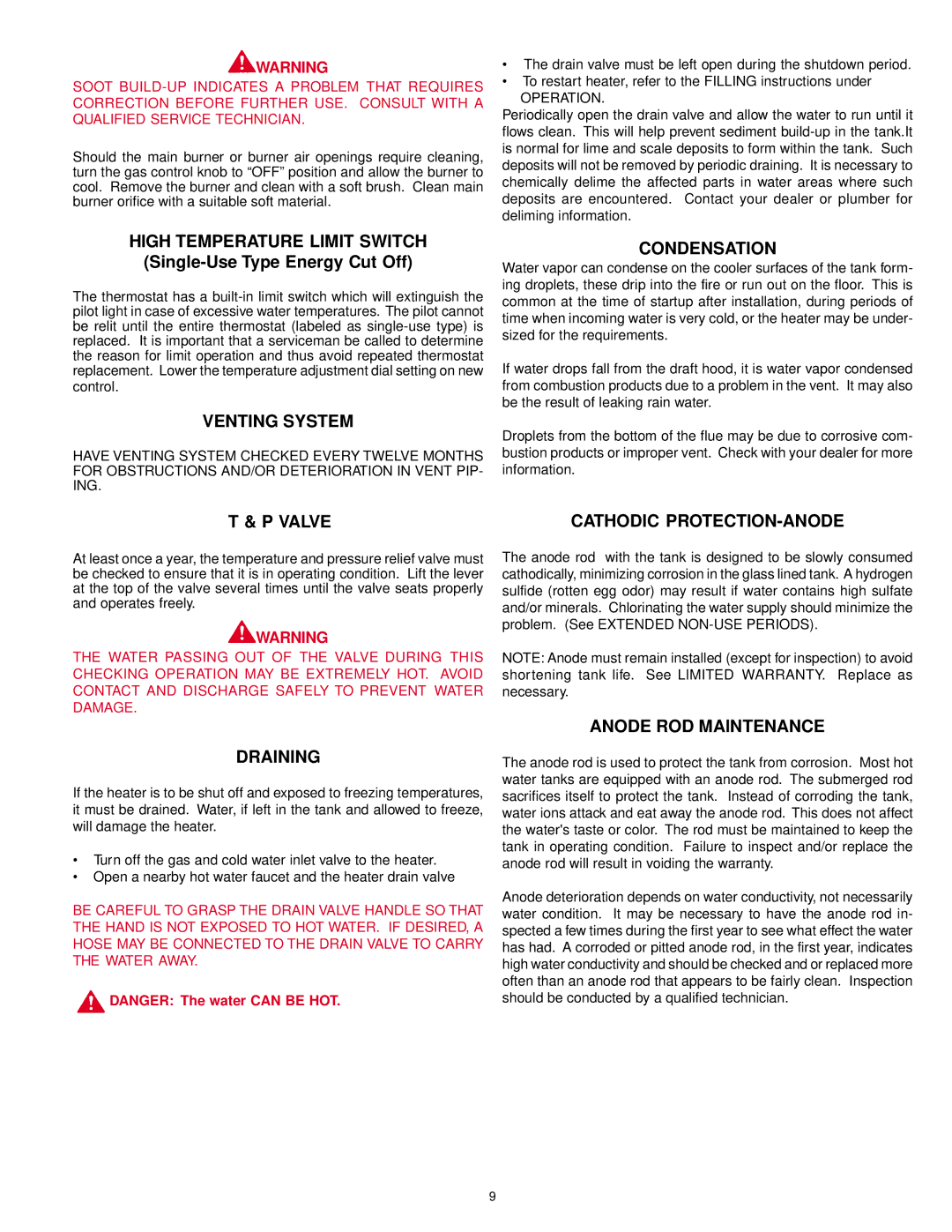 A.O. Smith AOSRG45200 owner manual Venting System, Condensation, Valve, Draining, Anode ROD Maintenance 