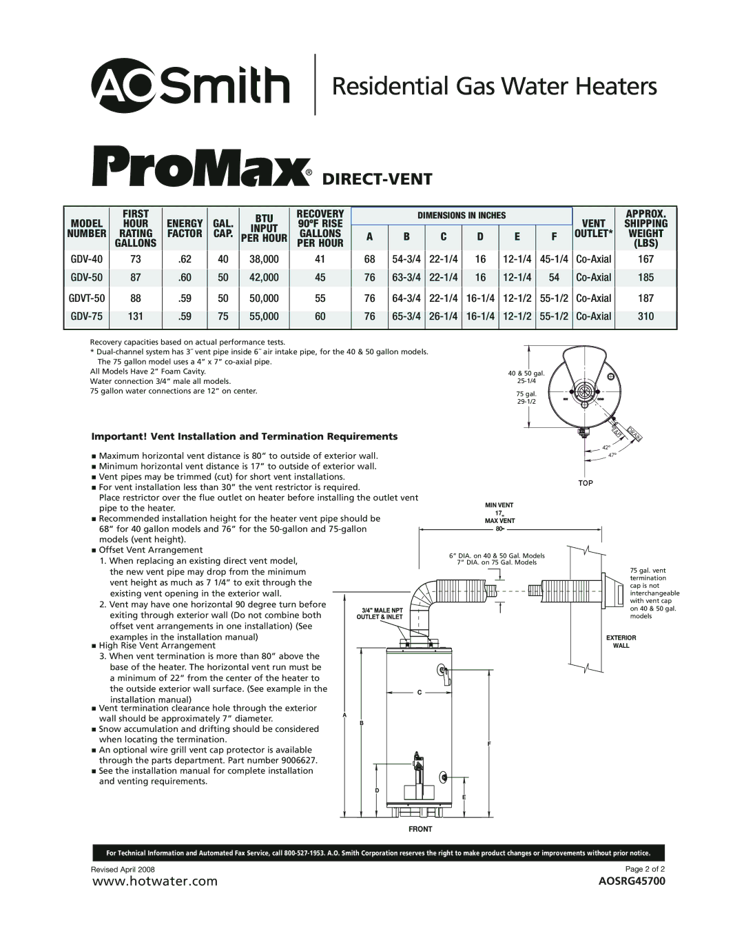 A.O. Smith AOSRG45700 warranty First BTU 