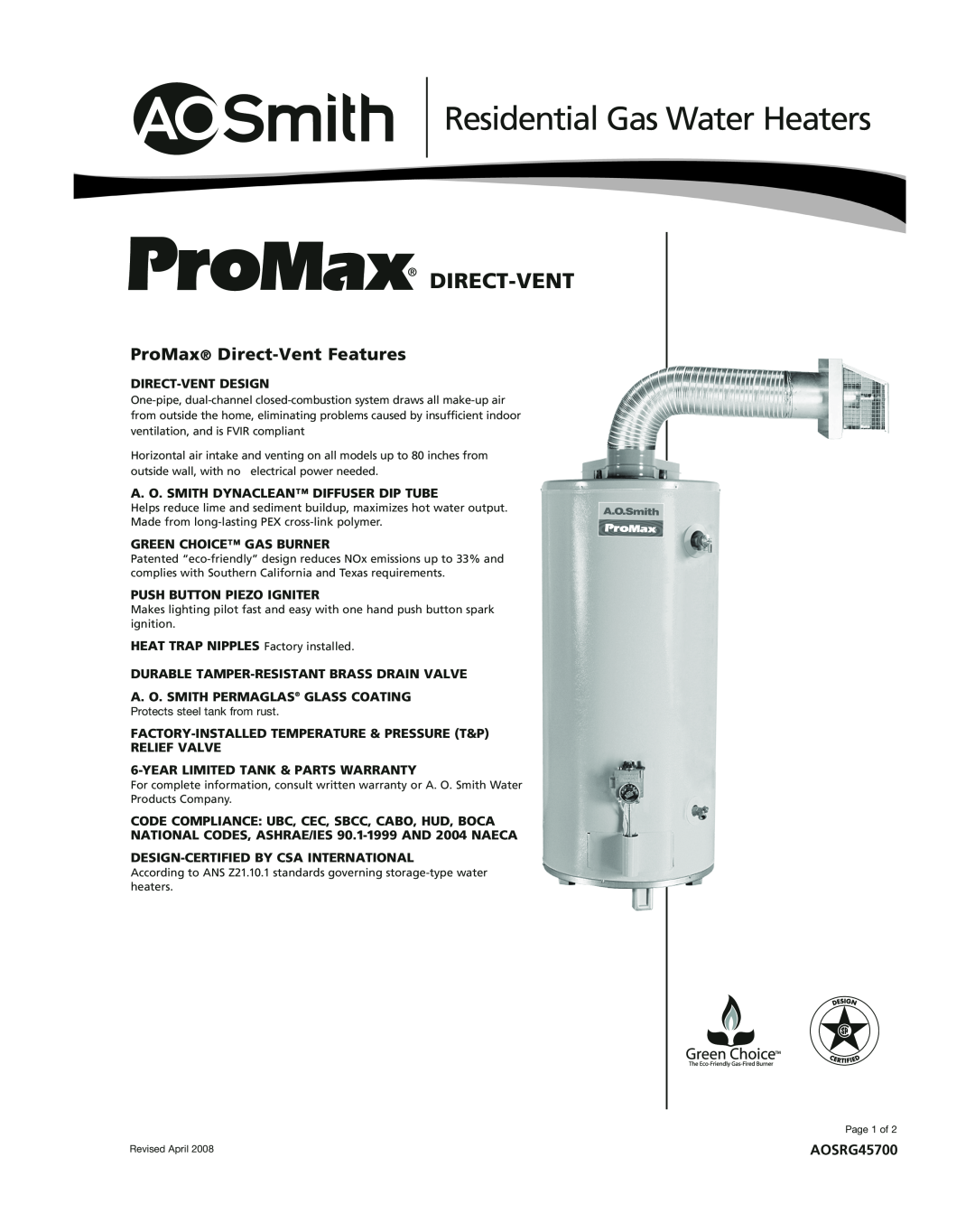 A.O. Smith AOSRG45700 warranty Residential Gas Water Heaters, ProMax Direct-Vent Features 