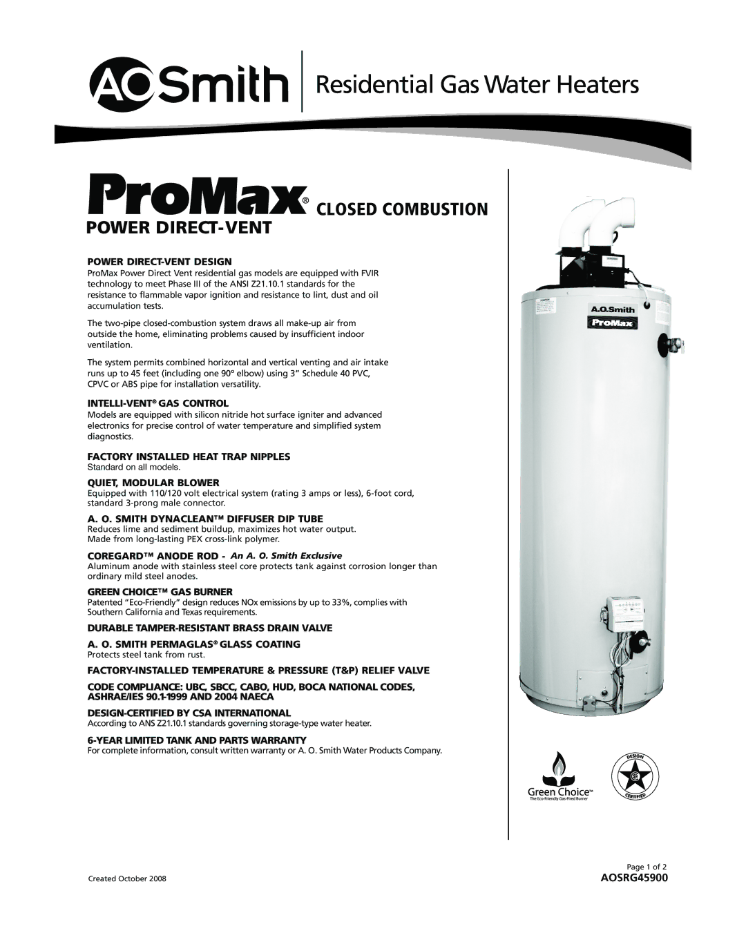 A.O. Smith AOSRG45900 warranty Power DIRECT-VENT Design, INTELLI-VENTGAS Control, Factory Installed Heat Trap Nipples 
