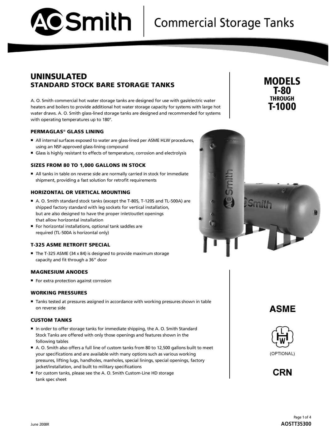 A.O. Smith T-80 through T-1000, AOSTT35300 specifications Standard Stock Bare Storage Tanks 