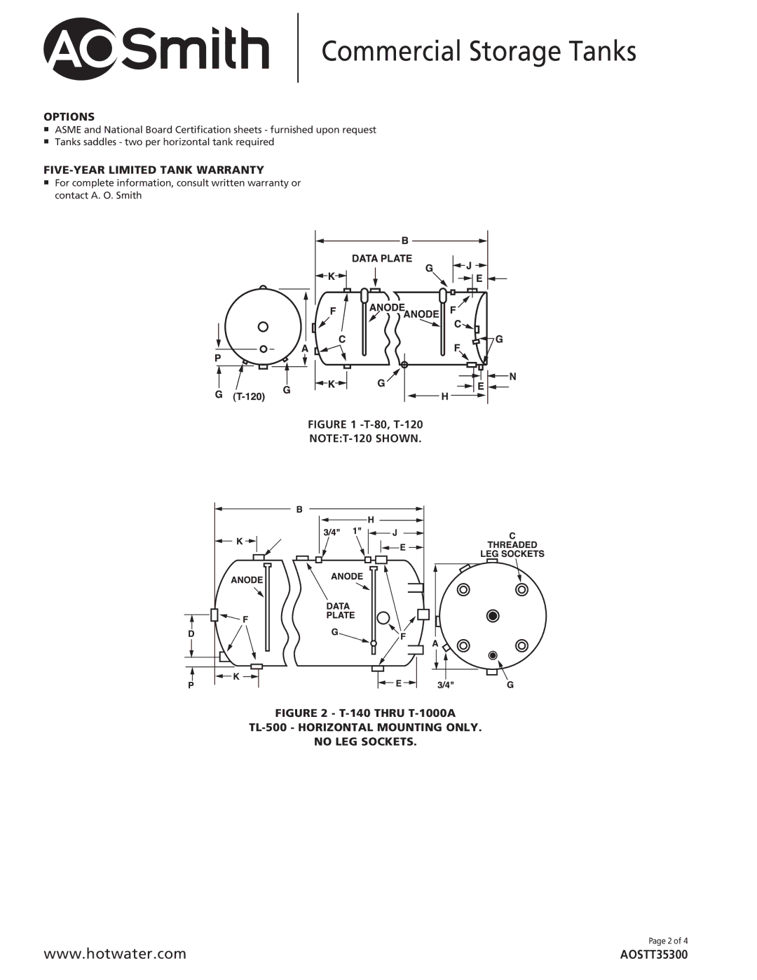 A.O. Smith AOSTT35300, T-80 through T-1000 specifications Options, FIVE-YEAR Limited Tank Warranty 