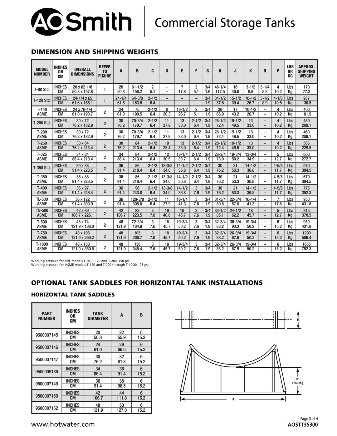 A.O. Smith T-80 through T-1000 Dimension and Shipping Weights, Optional Tank Saddles for Horizontal Tank Installations 