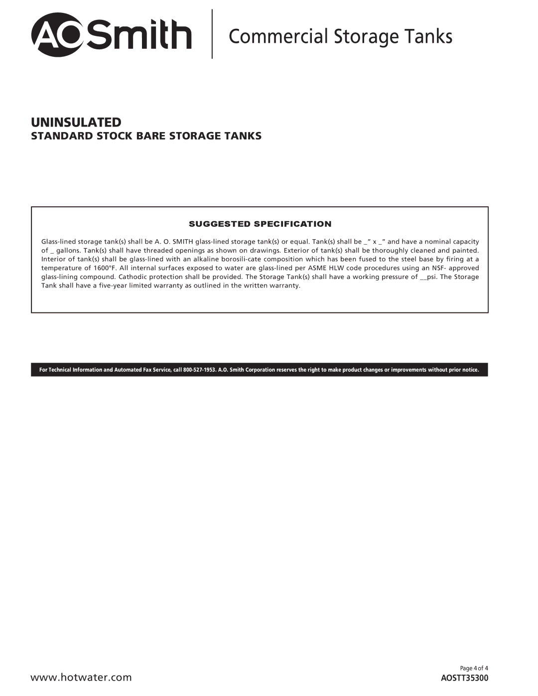 A.O. Smith AOSTT35300, T-80 through T-1000 specifications Standard Stock Bare Storage Tanks, Suggested Specification 