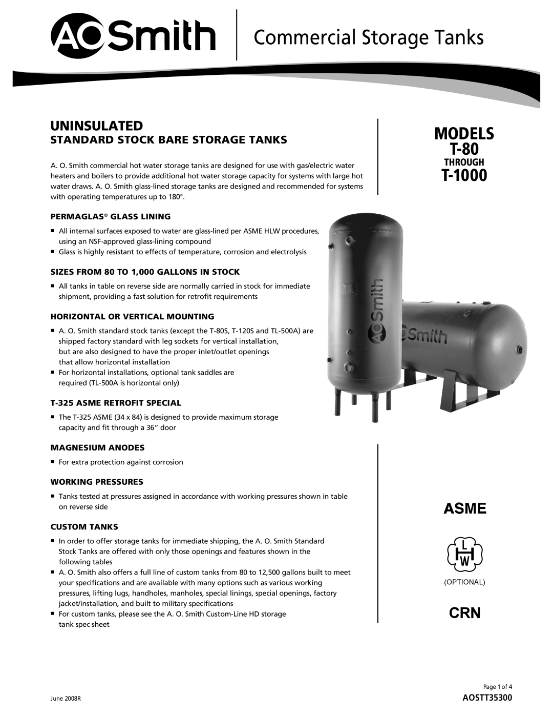 A.O. Smith T-80 through T-1000 specifications Commercial Storage Tanks, Uninsulated, Standard Stock Bare Storage Tanks 