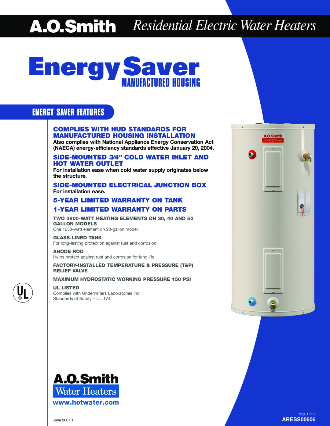 A.O. Smith ARESS00606 warranty Energy Saver, Residential Electric Water Heaters, Manufactured Housing 