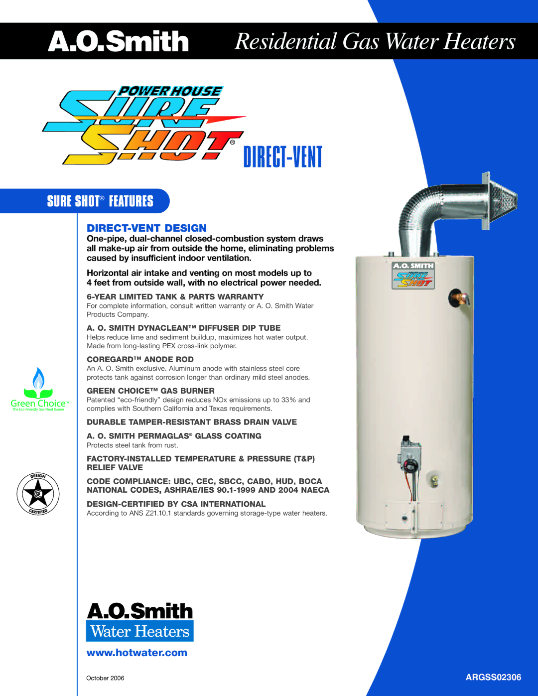 A.O. Smith ARGSS02306 warranty Year Limited Tank & Parts Warranty, Smith Dynaclean Diffuser DIP Tube, Coregard Anode ROD 