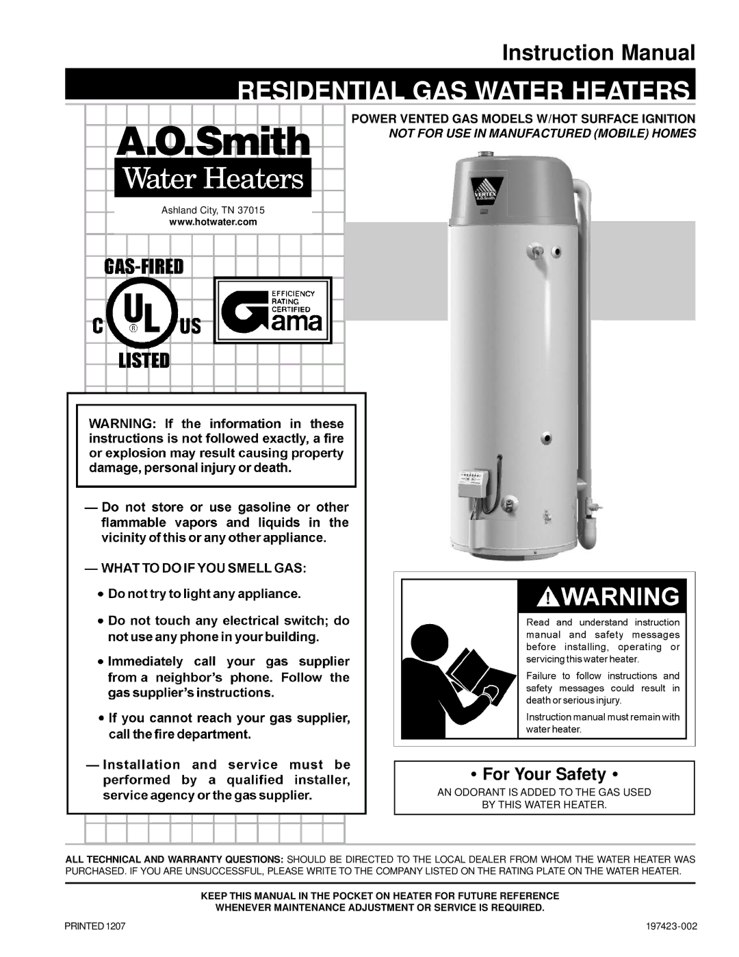 A.O. Smith ARGSS02708 instruction manual Residential GAS Water Heaters, Power Vented GAS Models W/HOT Surface Ignition 