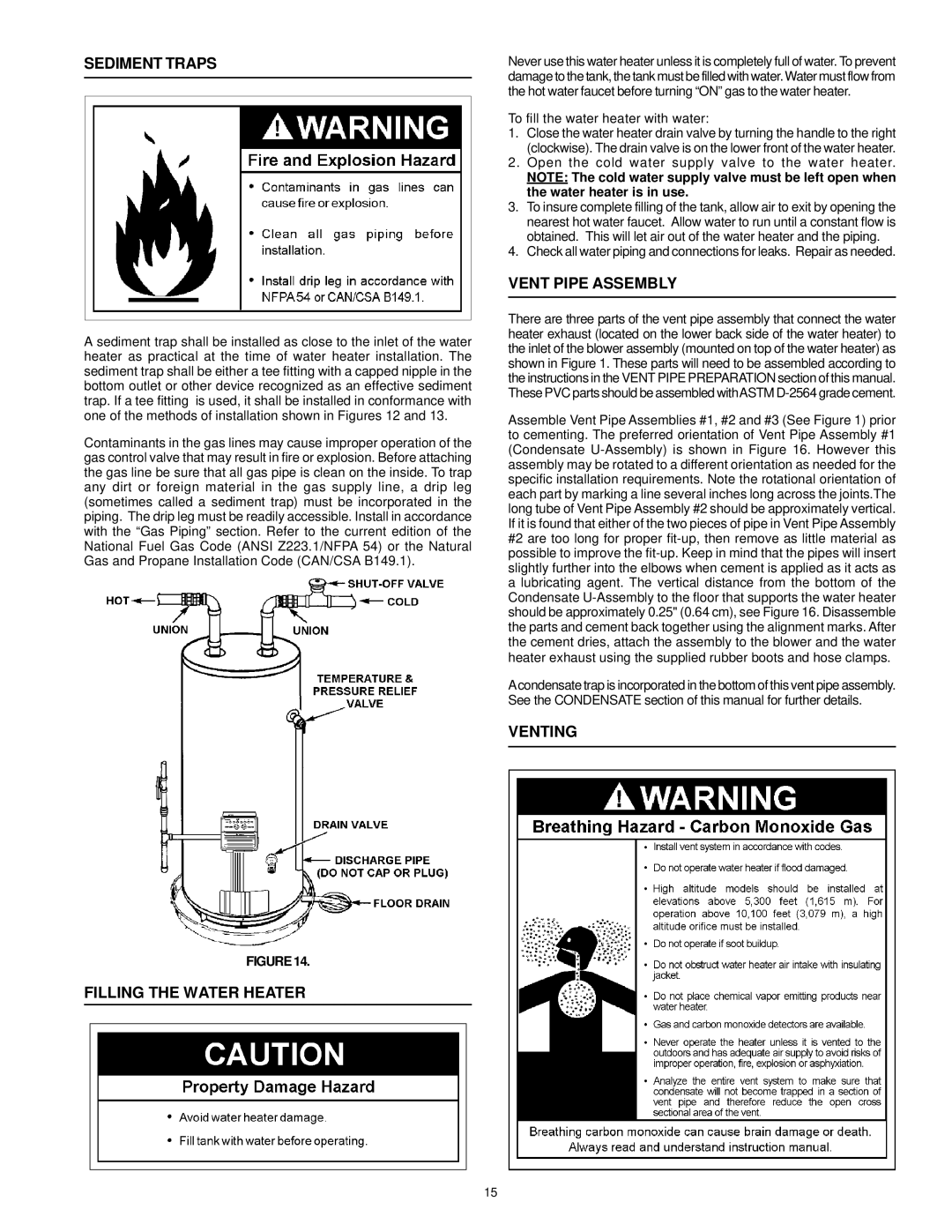 A.O. Smith ARGSS02708 instruction manual Sediment Traps, Filling the Water Heater, Vent Pipe Assembly, Venting 