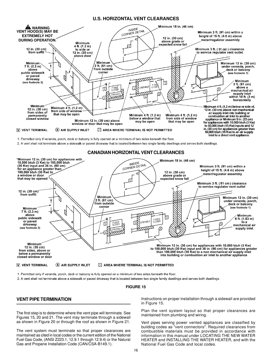 A.O. Smith ARGSS02708 instruction manual Canadian Horizontal Vent Clearances Vent Pipe Termination 