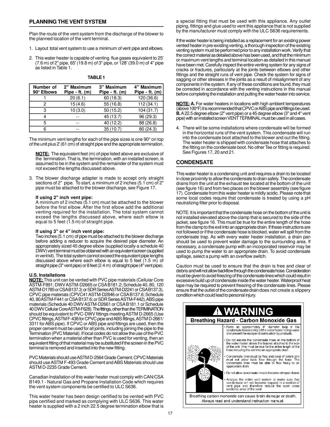 A.O. Smith ARGSS02708 instruction manual Planning the Vent System, Condensate 