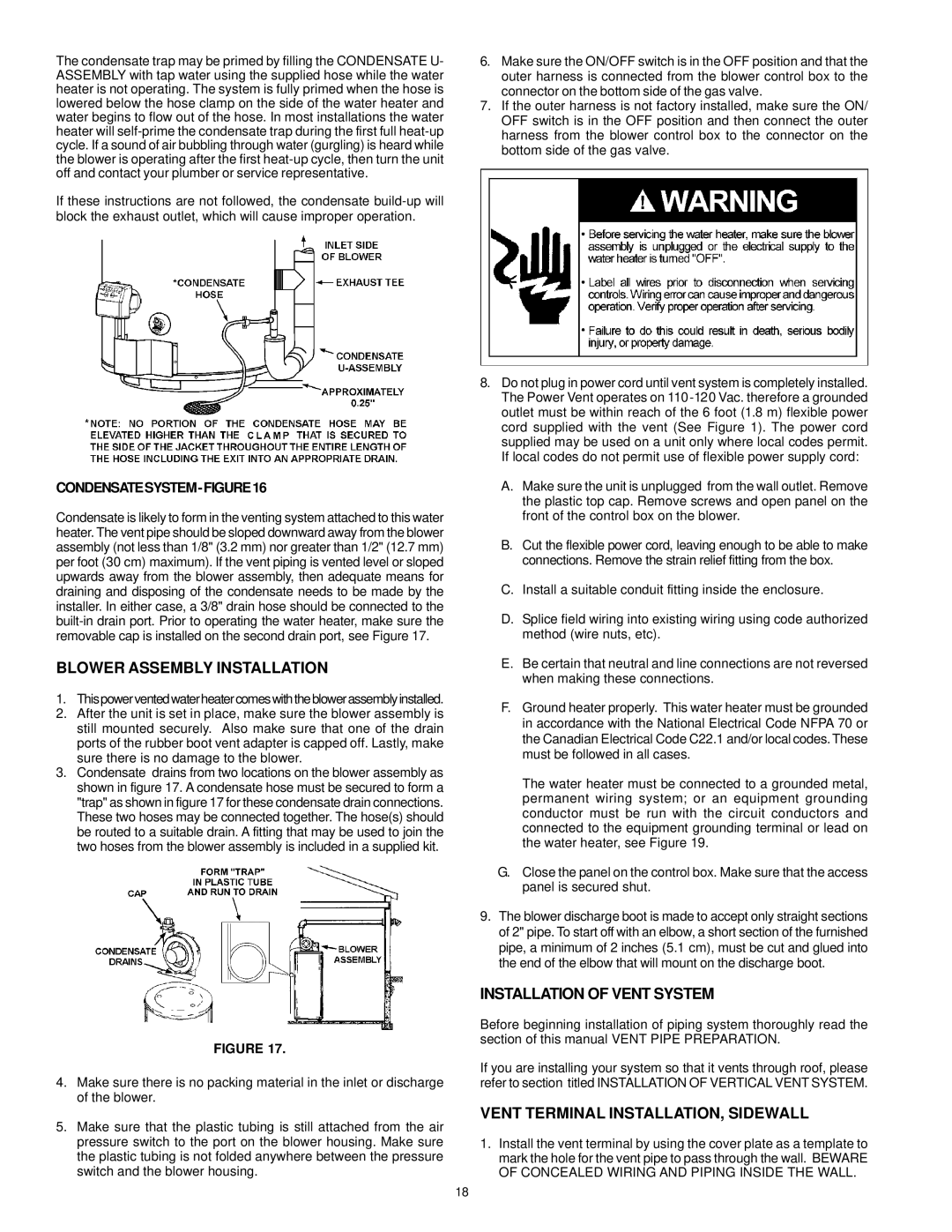 A.O. Smith ARGSS02708 Blower Assembly Installation, Installation of Vent System, Vent Terminal INSTALLATION, Sidewall 