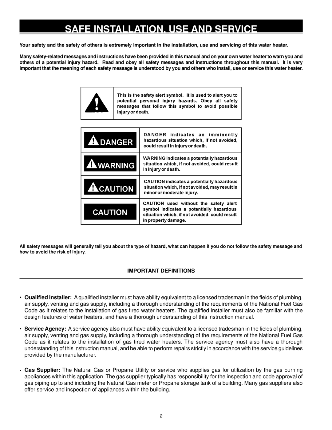 A.O. Smith ARGSS02708 instruction manual Safe INSTALLATION, USE and Service, Important Definitions 