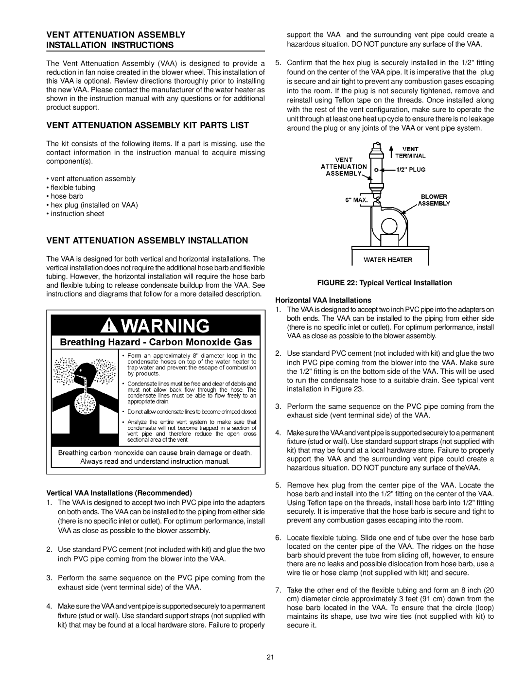 A.O. Smith ARGSS02708 instruction manual Vent Attenuation Assembly Installation, Vertical VAA Installations Recommended 