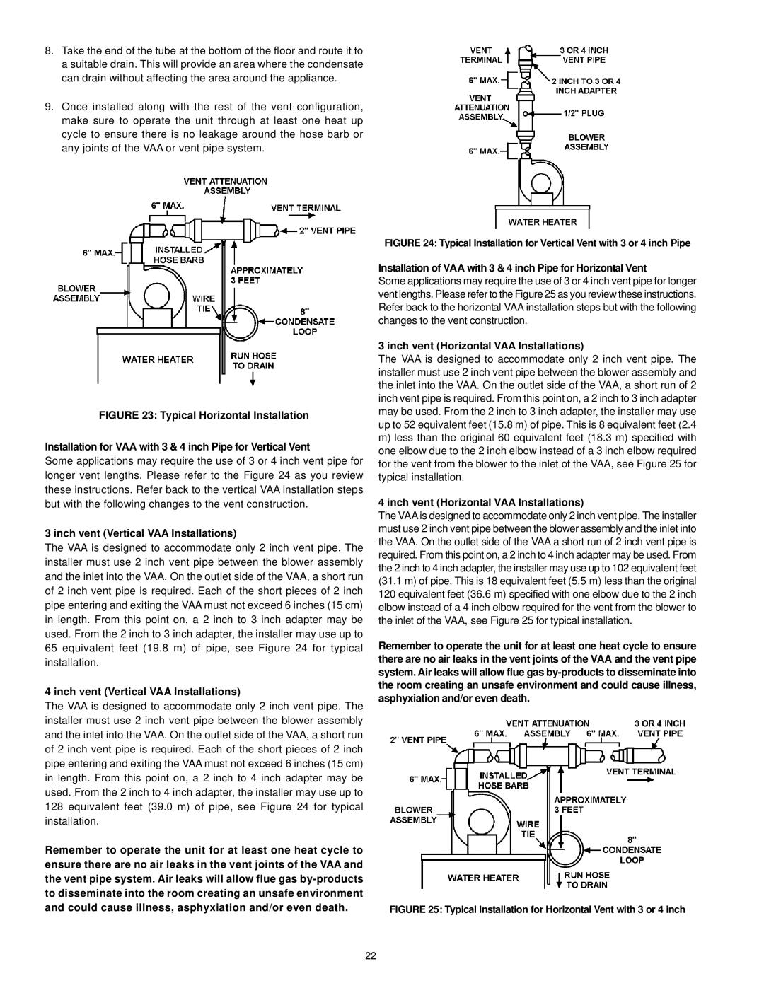 A.O. Smith ARGSS02708 instruction manual Inch vent Vertical VAA Installations, Inch vent Horizontal VAA Installations 