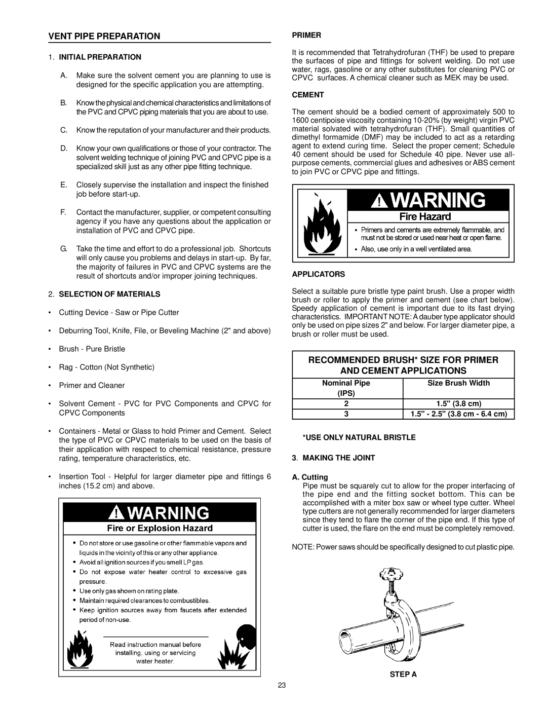 A.O. Smith ARGSS02708 instruction manual Vent Pipe Preparation, Recommended BRUSH* Size for Primer Cement Applications 