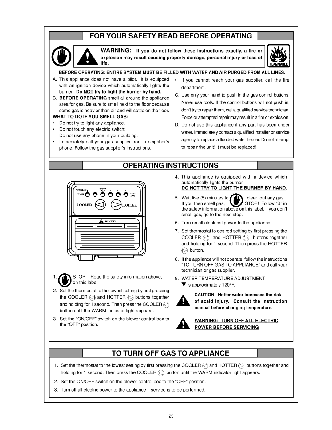 A.O. Smith ARGSS02708 Burner. Do not try to light the burner by hand, What to do if YOU Smell GAS, Power Before Servicing 