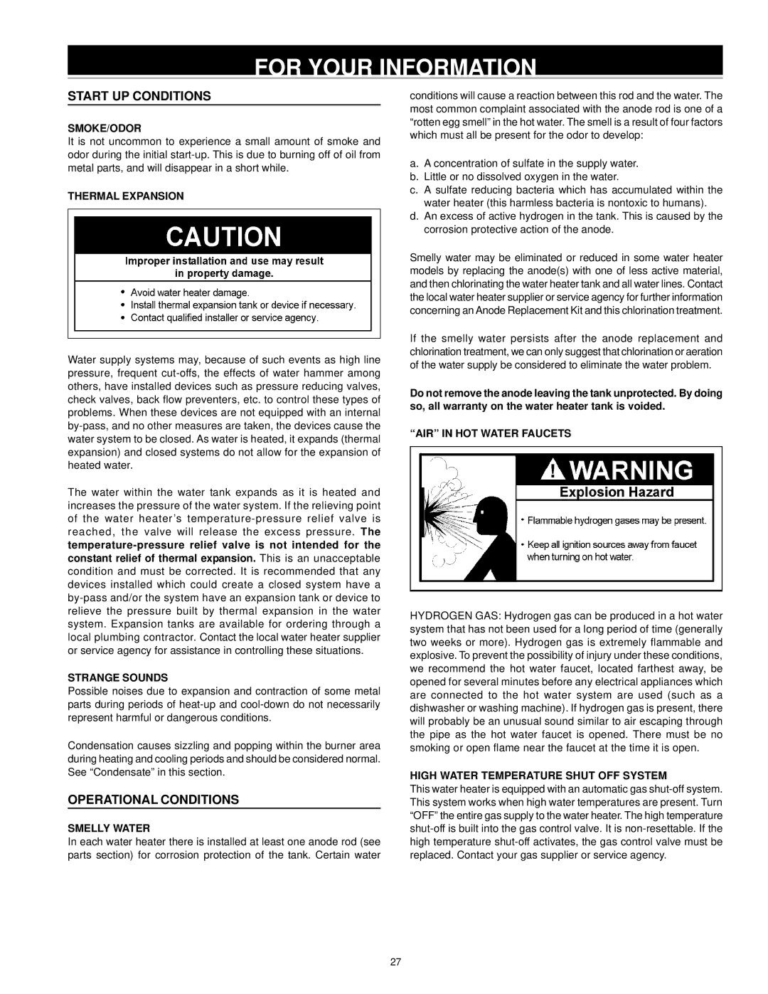 A.O. Smith ARGSS02708 instruction manual For Your Information, Start UP Conditions, Operational Conditions 