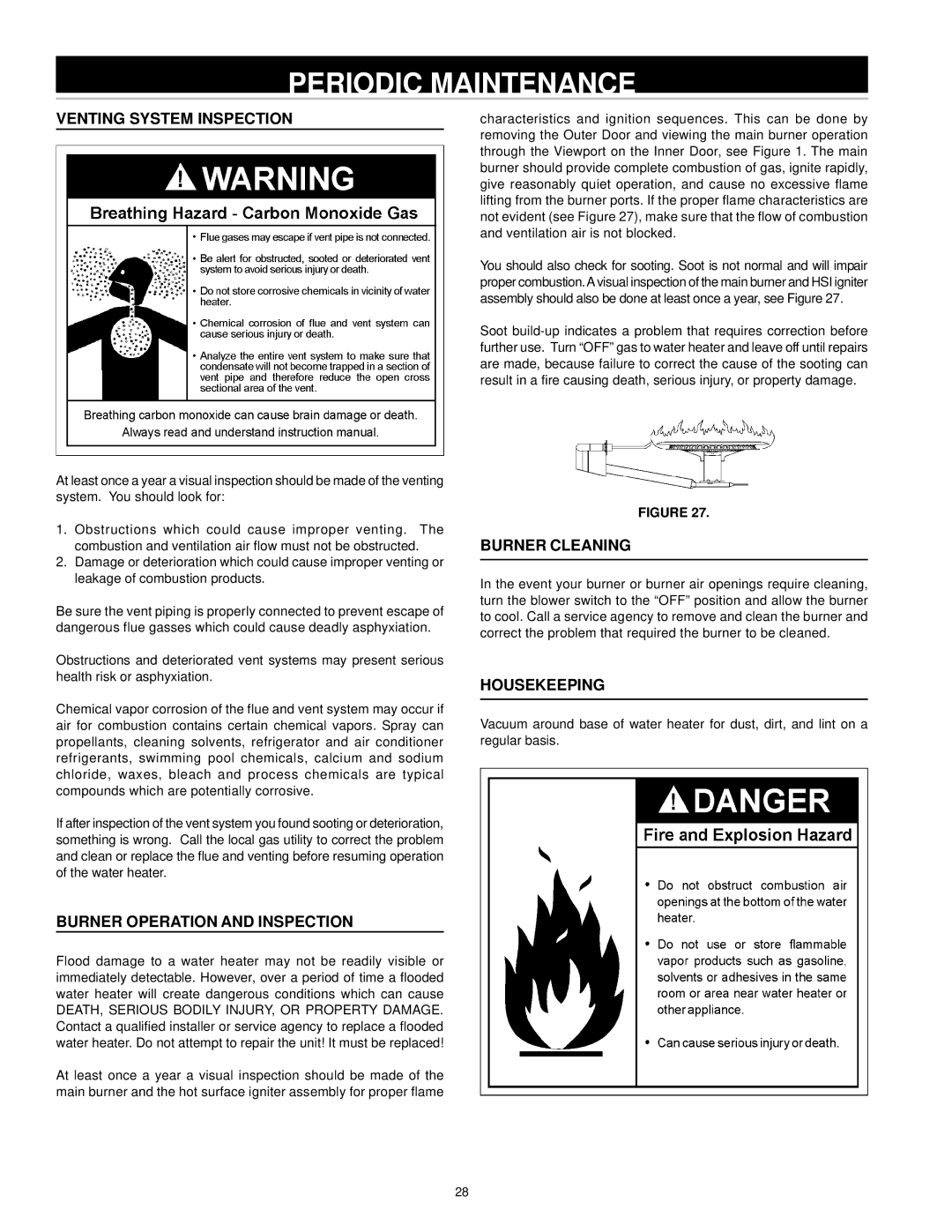 A.O. Smith ARGSS02708 Periodic Maintenance, Venting System Inspection, Burner Operation and Inspection, Burner Cleaning 