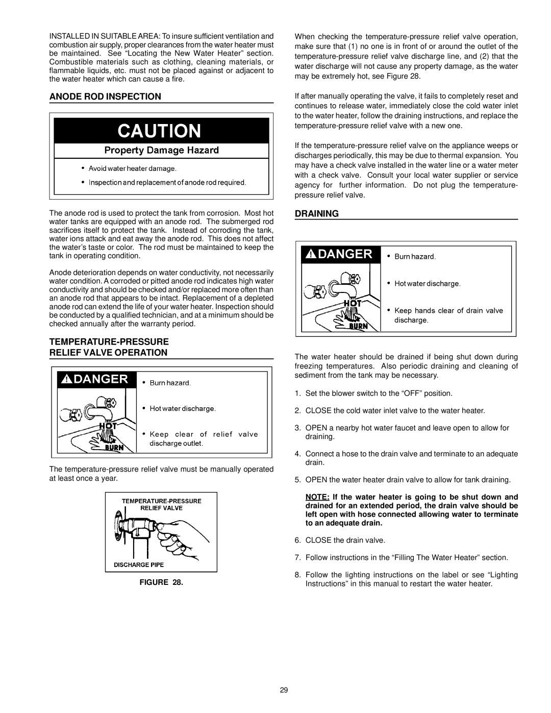 A.O. Smith ARGSS02708 instruction manual Anode ROD Inspection, TEMPERATURE-PRESSURE Relief Valve Operation, Draining 