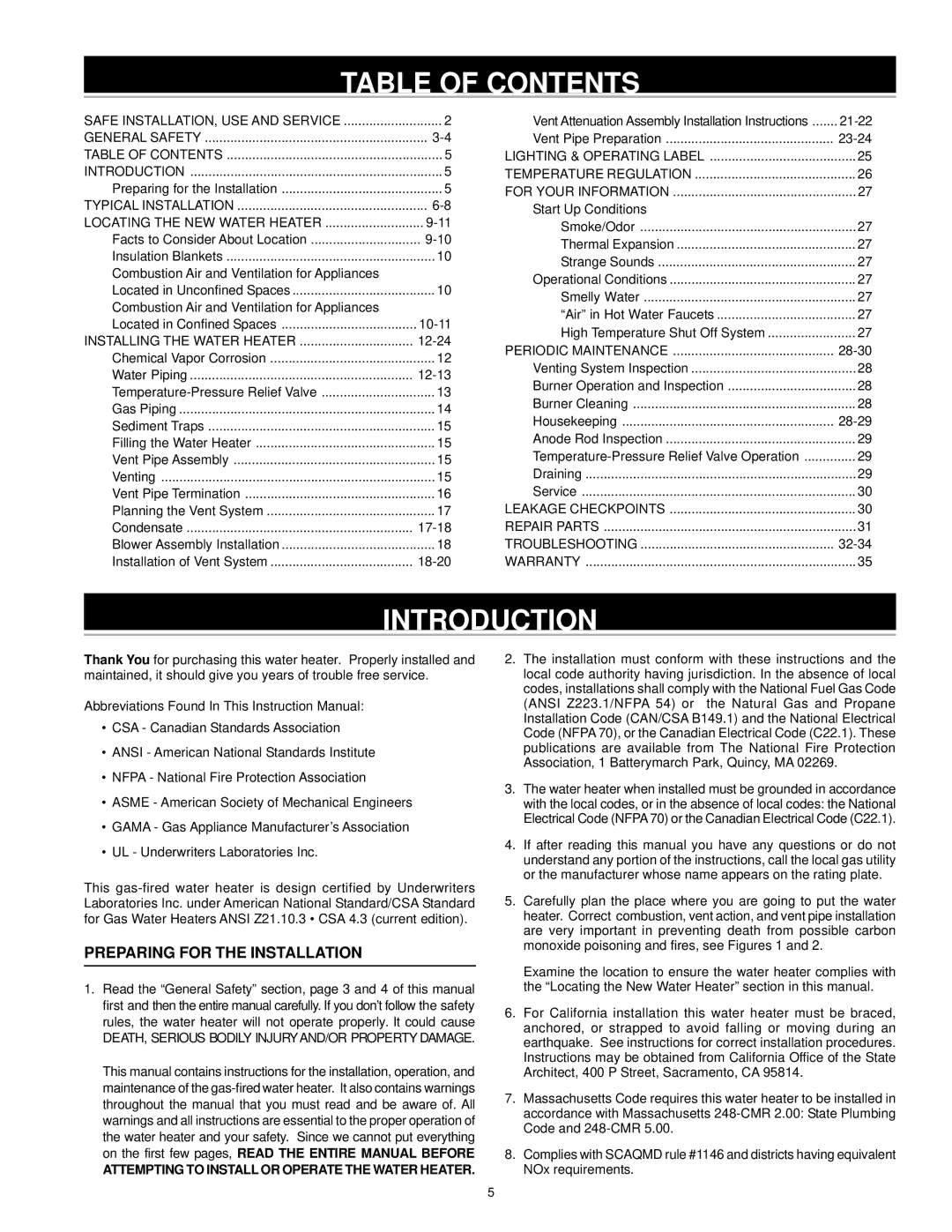 A.O. Smith ARGSS02708 instruction manual Table of Contents, Introduction 