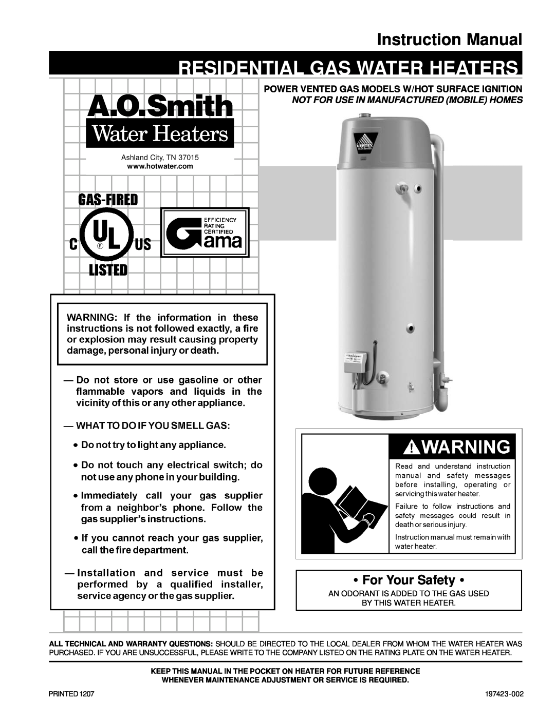 A.O. Smith ARGSS02708 instruction manual For Your Safety, Power Vented Gas Models W/Hot Surface Ignition 